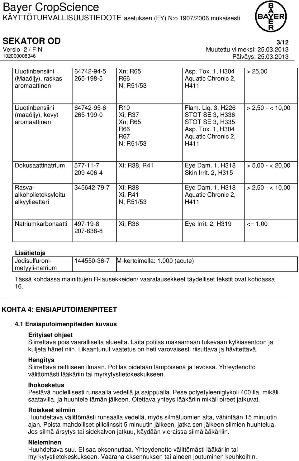 Tox. 1, H304 Aquatic Chronic 2, H411 > 2,50 - < 10,00 Dokusaattinatrium 577-11-7 209-406-4 Xi; R38, R41 Eye Dam. 1, H318 Skin Irrit.