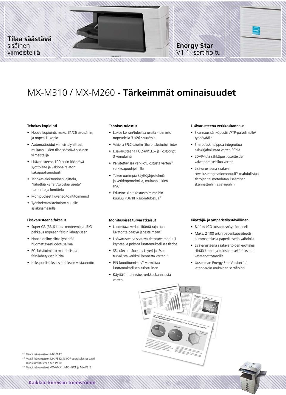lajittelu, "lähettää kerran/tulostaa useita" -toiminto ja lomittelu Monipuoliset kuvaneditointitoiminnot Työnkokoamistoiminto suurille asiakirjamäärille Tehokas tulostus Lukee kerran/tulostaa useita