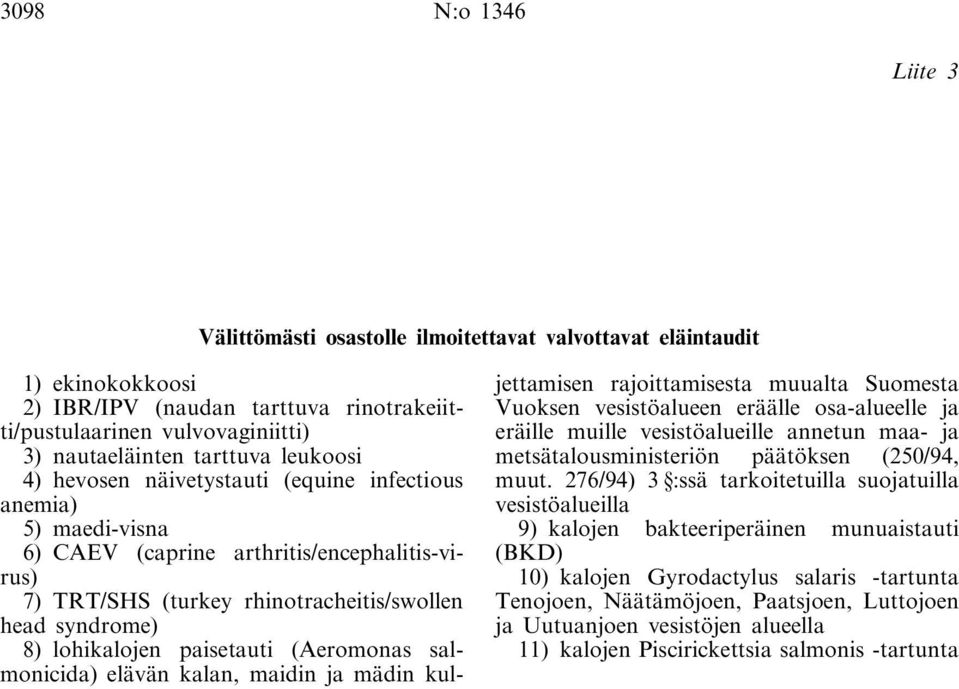 paisetauti (Aeromonas salmonicida) elävän kalan, maidin ja mädin kuljettamisen rajoittamisesta muualta Suomesta Vuoksen vesistöalueen eräälle osa-alueelle ja eräille muille vesistöalueille annetun