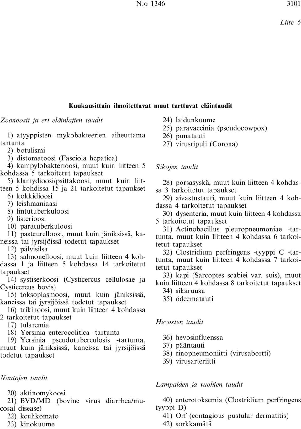 kokkidioosi 7) leishmaniaasi 8) lintutuberkuloosi 9) listerioosi 10) paratuberkuloosi 11) pasteurelloosi, muut kuin jäniksissä, kaneissa tai jyrsijöissä todetut tapaukset 12) pälvisilsa 13)