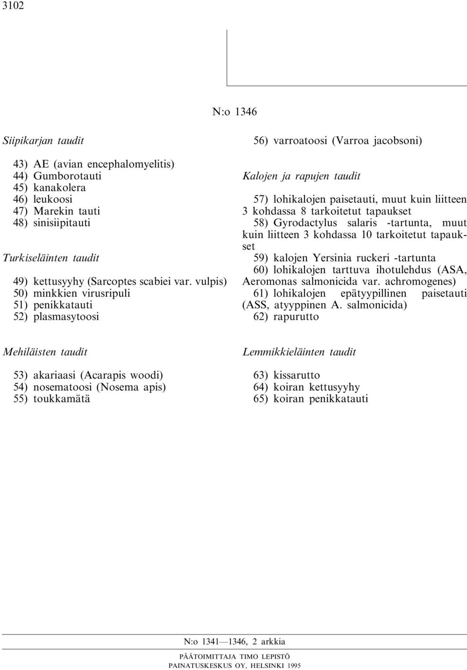 vulpis) 50) minkkien virusripuli 51) penikkatauti 52) plasmasytoosi 56) varroatoosi (Varroa jacobsoni) Kalojen ja rapujen taudit 57) lohikalojen paisetauti, muut kuin liitteen 3 kohdassa 8