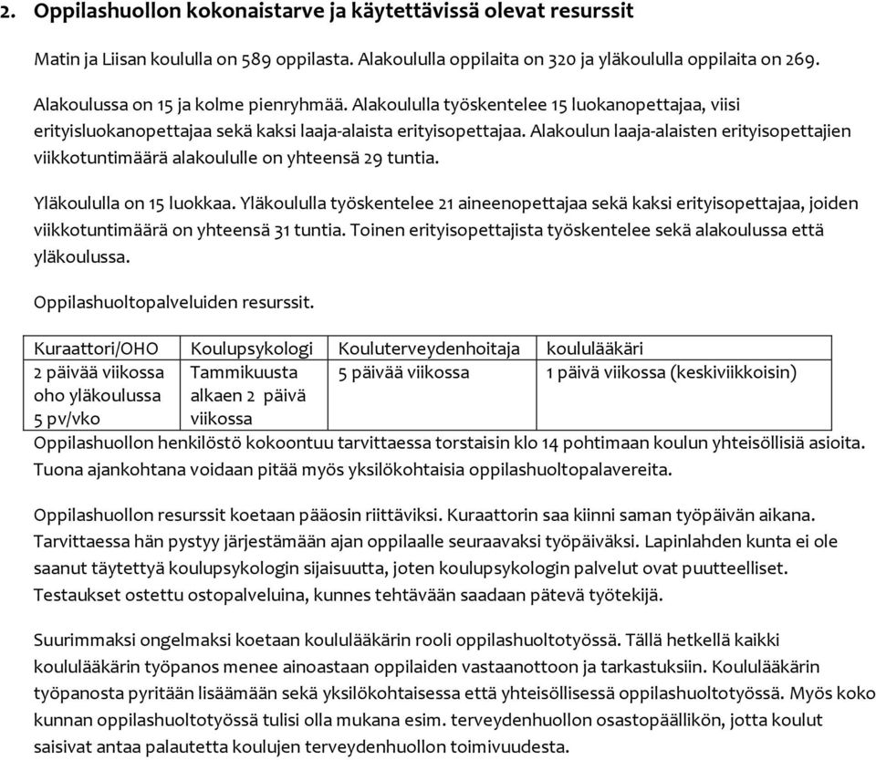 Alakoulun laaja-alaisten erityisopettajien viikkotuntimäärä alakoululle on yhteensä 29 tuntia. Yläkoululla on 15 luokkaa.