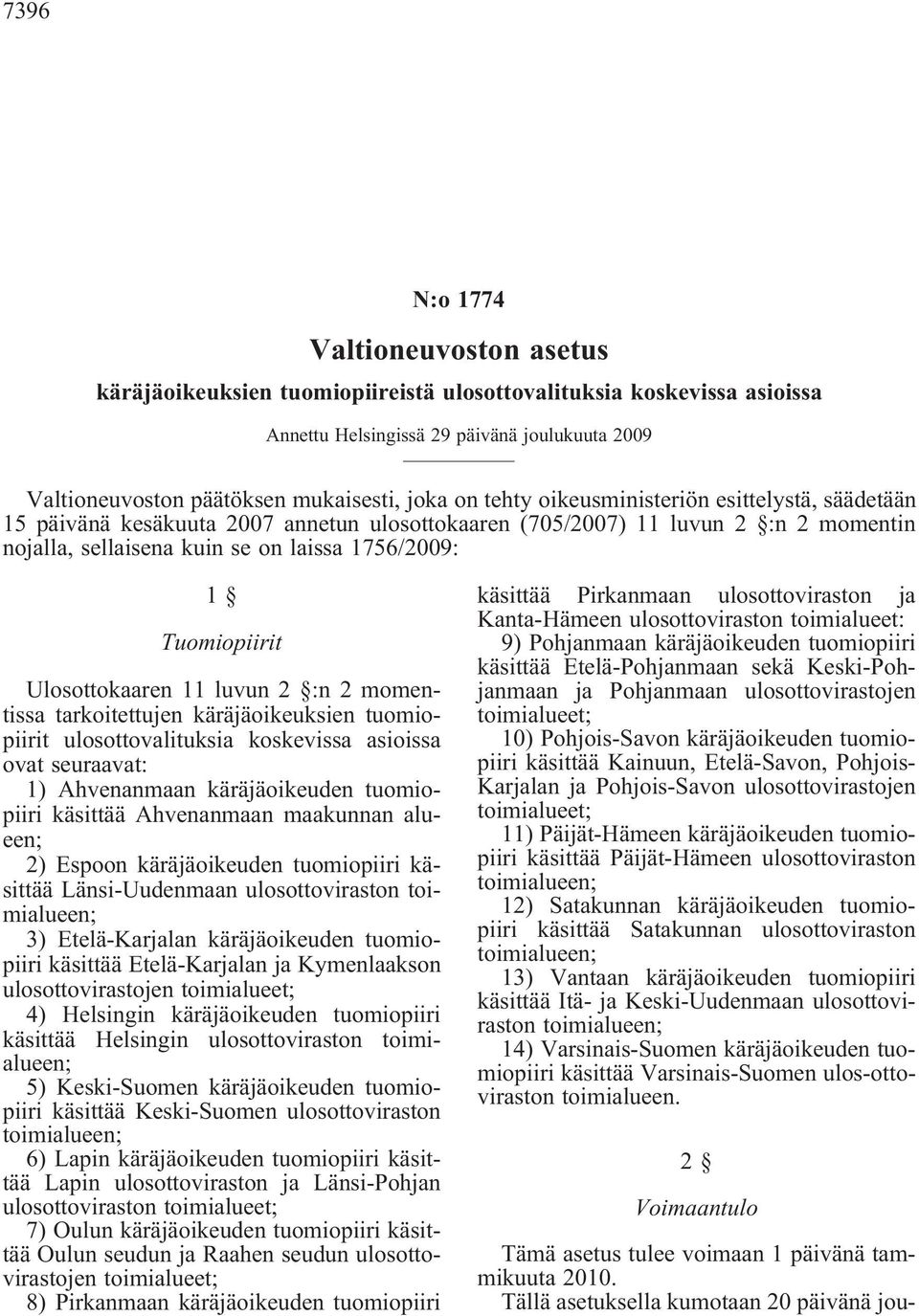 momentissa tarkoitettujen käräjäoikeuksien tuomiopiirit ulosottovalituksia koskevissa asioissa ovat seuraavat: 1) Ahvenanmaan käräjäoikeuden tuomiopiiri käsittää Ahvenanmaan maakunnan alueen; 2)