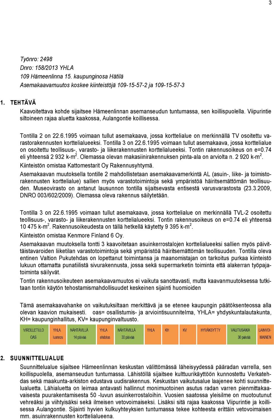 1995 voimaan tullut asemakaava, jossa korttelialue on merkinnällä TV osoitettu varastorakennusten korttelialueeksi. Tontilla 3 on 22.6.