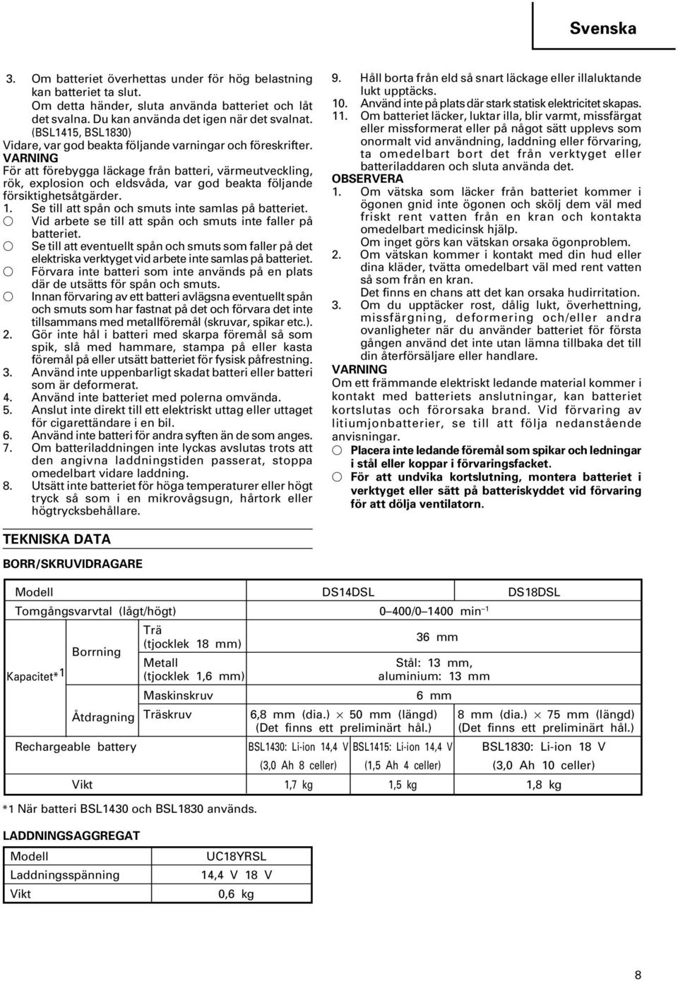 VARNING För att förebygga läckage från batteri, värmeutveckling, rök, explosion och eldsvåda, var god beakta följande försiktighetsåtgärder. 1. Se till att spån och smuts inte samlas på batteriet.