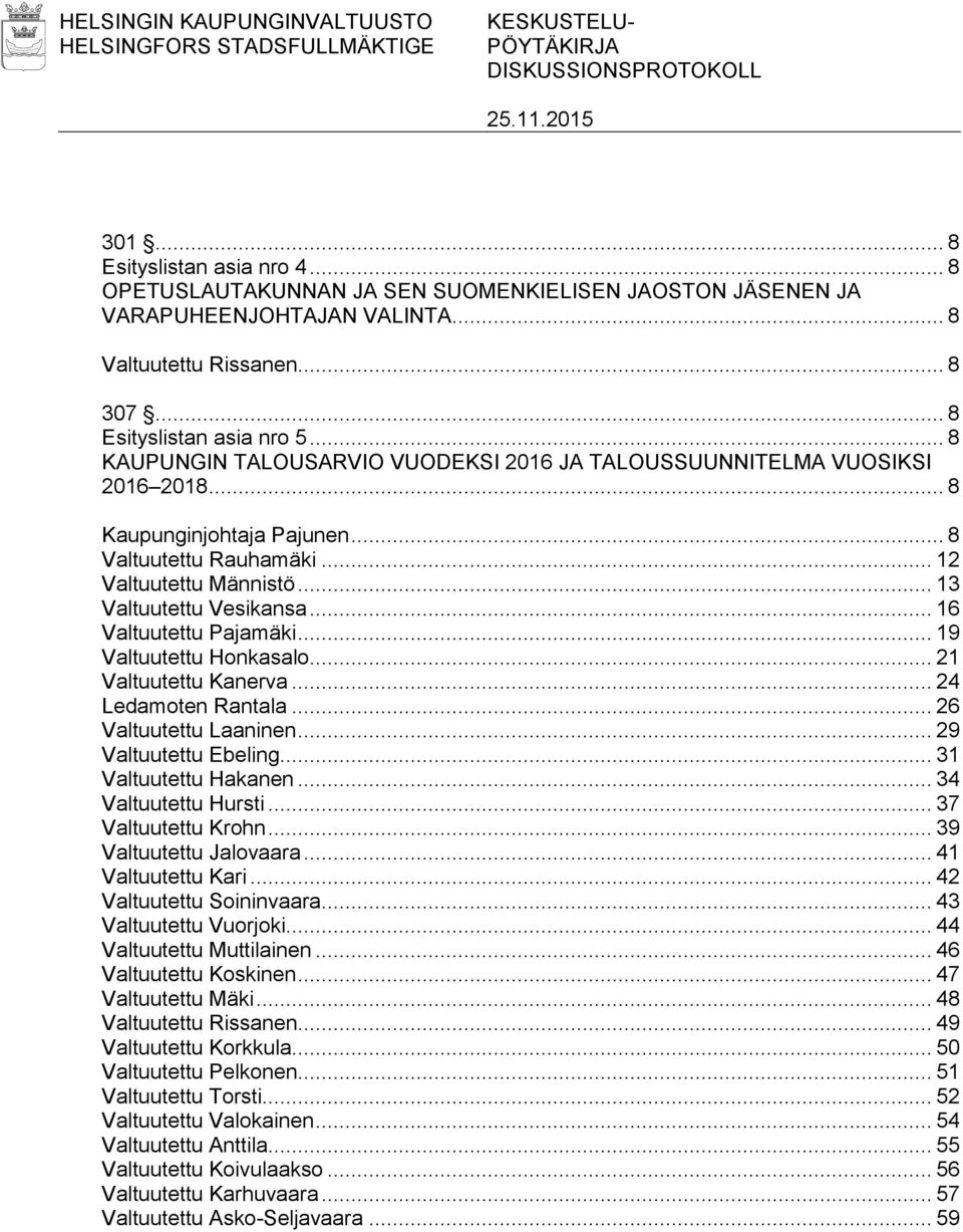 .. 8 KAUPUNGIN TALOUSARVIO VUODEKSI 2016 JA TALOUSSUUNNITELMA VUOSIKSI 2016 2018... 8 Kaupunginjohtaja Pajunen... 8 Valtuutettu Rauhamäki... 12 Valtuutettu Männistö... 13 Valtuutettu Vesikansa.