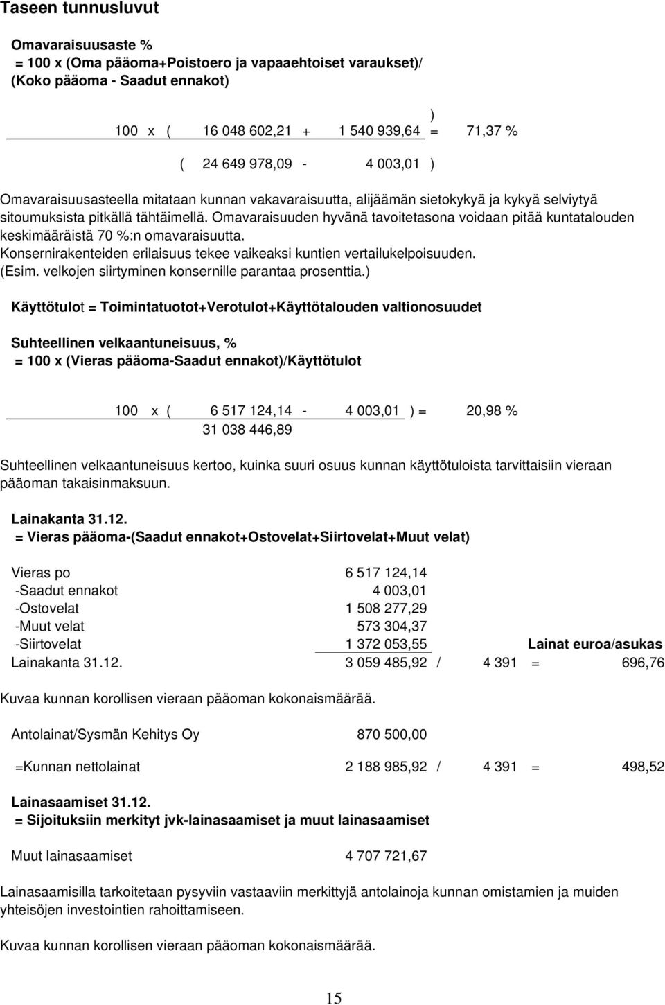 Omavaraisuuden hyvänä tavoitetasona voidaan pitää kuntatalouden keskimääräistä 70 %:n omavaraisuutta. Konsernirakenteiden erilaisuus tekee vaikeaksi kuntien vertailukelpoisuuden. (Esim.