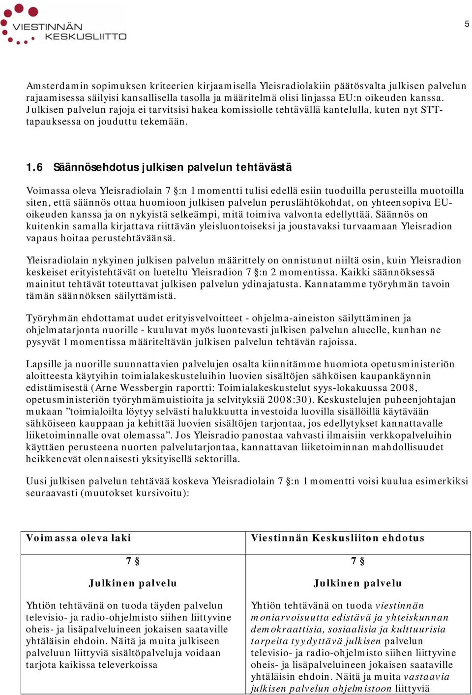 6 Säännösehdotus julkisen palvelun tehtävästä Voimassa oleva Yleisradiolain 7 :n 1 momentti tulisi edellä esiin tuoduilla perusteilla muotoilla siten, että säännös ottaa huomioon julkisen palvelun