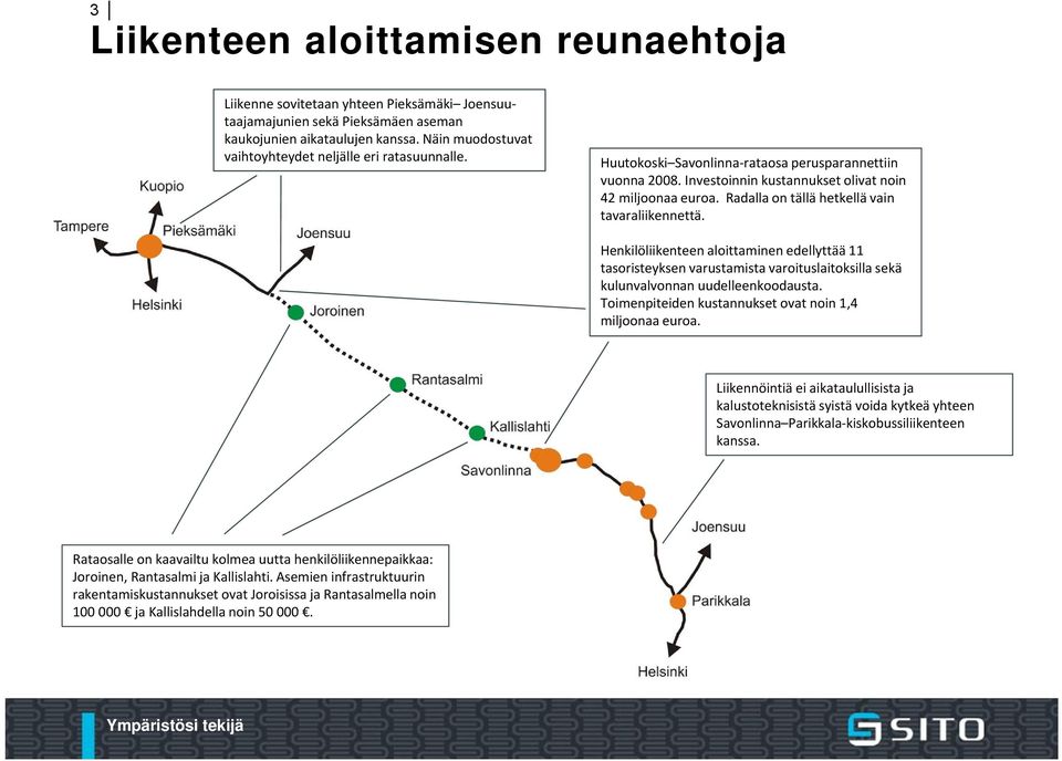 Radalla on tällä hetkellä vain tavaraliikennettä. Henkilöliikenteen aloittaminen edellyttää 11 tasoristeyksen varustamista varoituslaitoksilla sekä kulunvalvonnan uudelleenkoodausta.