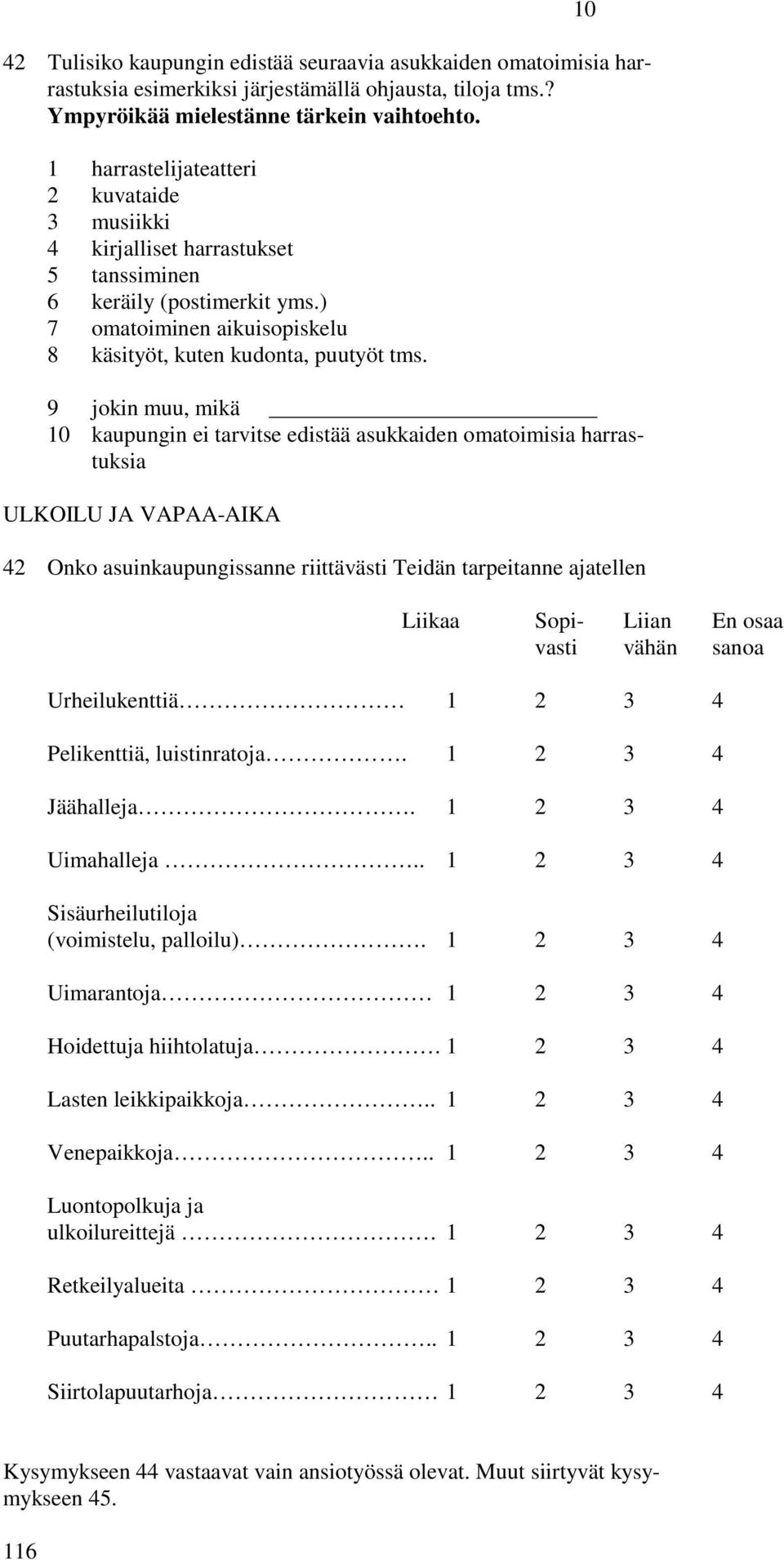 10 9 jokin muu, mikä 10 kaupungin ei tarvitse edistää asukkaiden omatoimisia harrastuksia ULKOILU JA VAPAA-AIKA 42 Onko asuinkaupungissanne riittävästi Teidän tarpeitanne ajatellen Liikaa Sopi- Liian