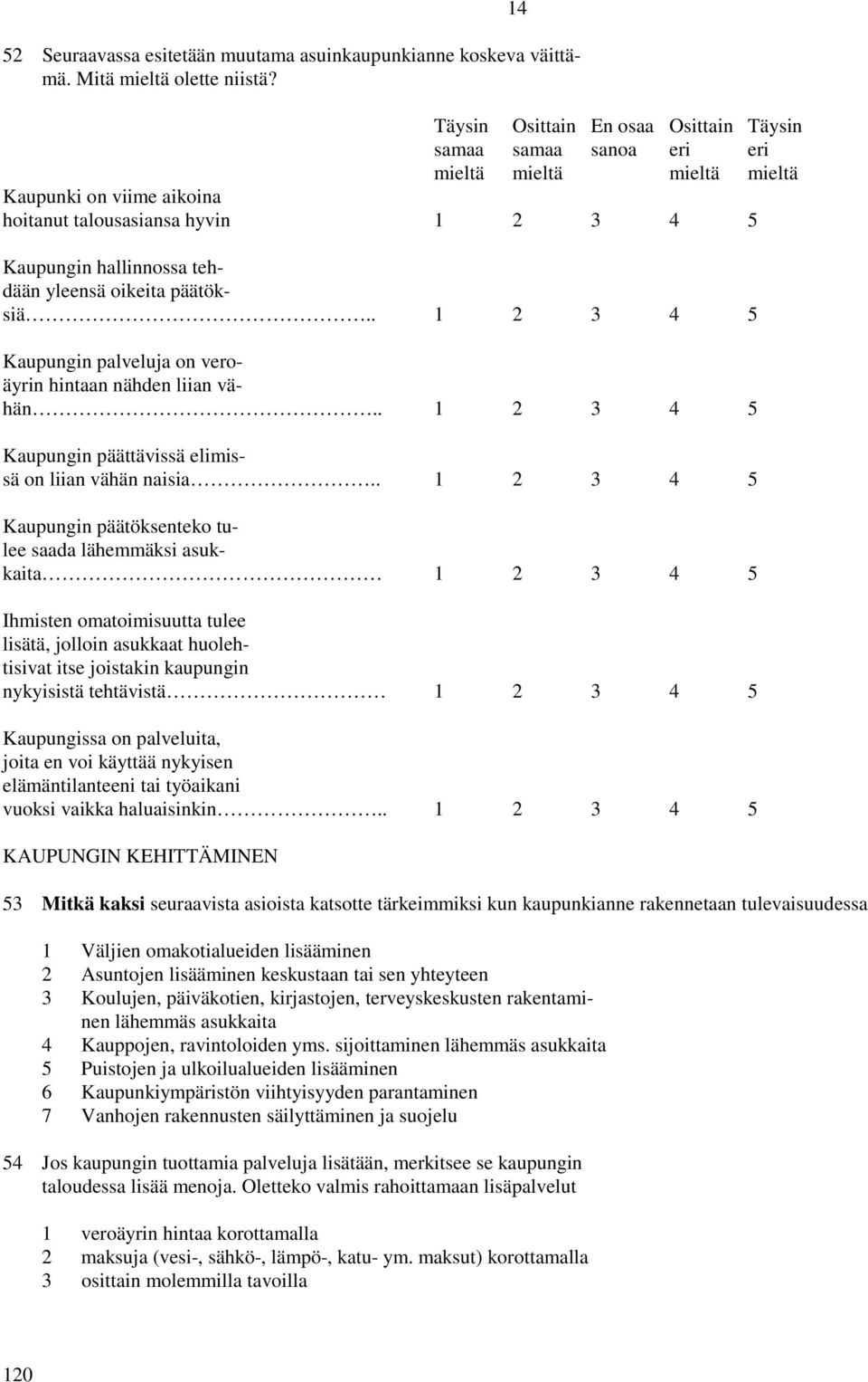 oikeita päätöksiä.. 1 2 3 4 5 Kaupungin palveluja on veroäyrin hintaan nähden liian vähän.. 1 2 3 4 5 Kaupungin päättävissä elimissä on liian vähän naisia.