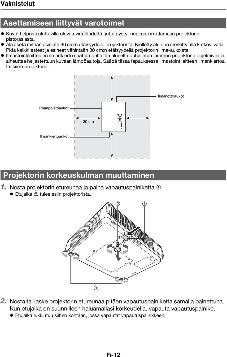 Ilmastointilaitteiden ilmankierto saattaa puhaltaa alueelta puhalletun lämmön projektorin objektiiviin ja aiheuttaa heijastettuun kuvaan lämpöaaltoja.