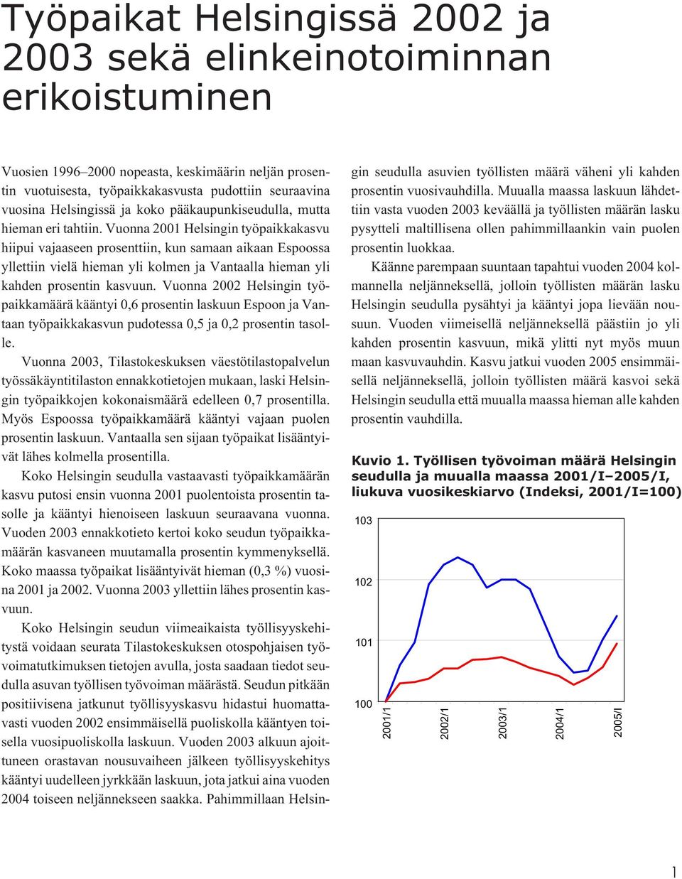 Vuonna 2001 Helsingin työpaikkakasvu hiipui vajaaseen prosenttiin, kun samaan aikaan Espoossa yllettiin vielä hieman yli kolmen ja Vantaalla hieman yli kahden prosentin kasvuun.