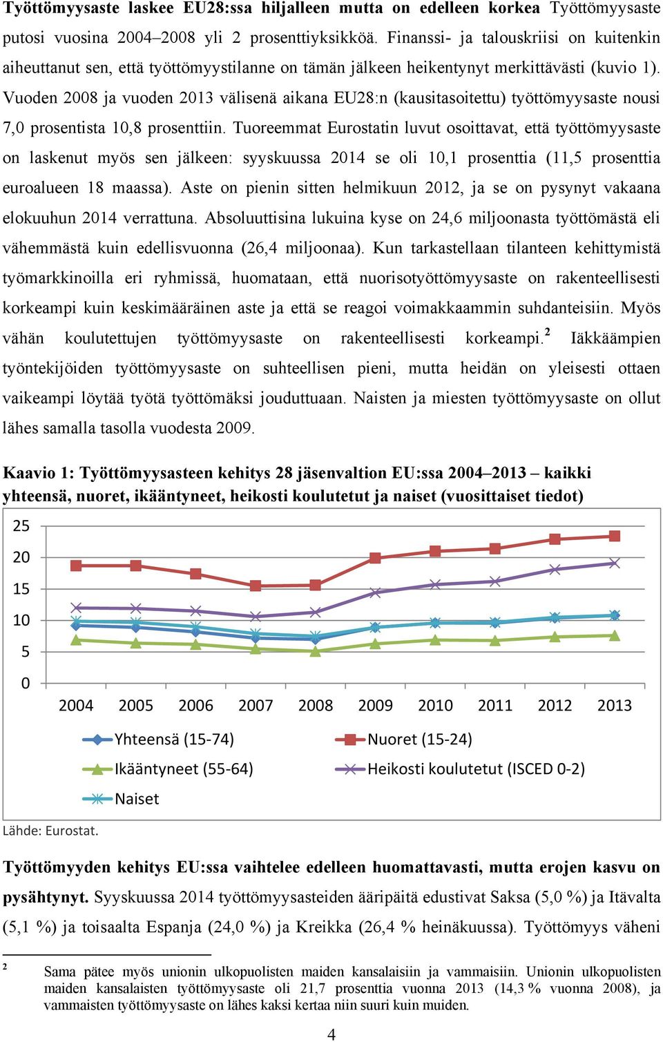 Vuoden 2008 ja vuoden 2013 välisenä aikana EU28:n (kausitasoitettu) työttömyysaste nousi 7,0 prosentista 10,8 prosenttiin.