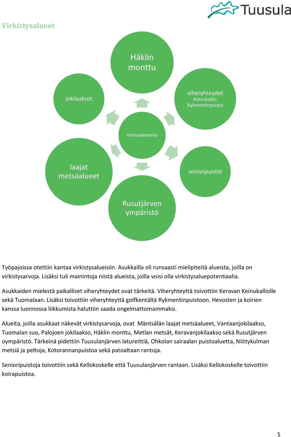 Asukkaiden mielestä paikalliset viheryhteydet ovat tärkeitä. Viheryhteyttä toivottiin Keravan Keinukalliolle sekä Tuomalaan. Lisäksi toivottiin viheryhteyttä golfkentältä Rykmentinpuistoon.