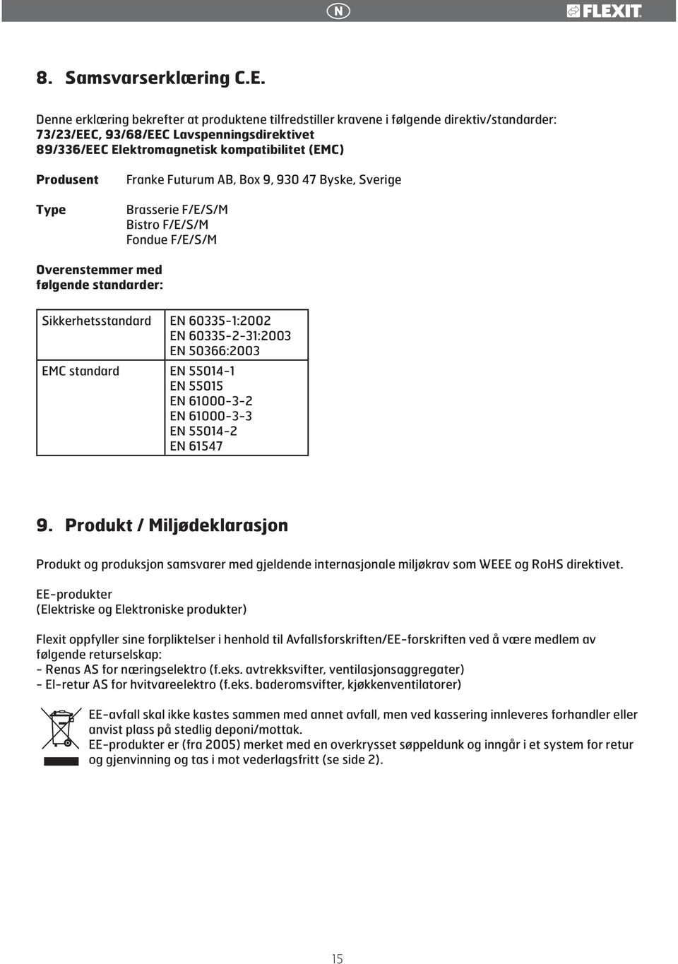 Type Franke Futurum AB, Box 9, 930 47 Byske, Sverige Brasserie F/E/S/M Bistro F/E/S/M Fondue F/E/S/M Overenstemmer med følgende standarder: Sikkerhetsstandard EN 60335-1:2002 EN 60335-2-31:2003 EN