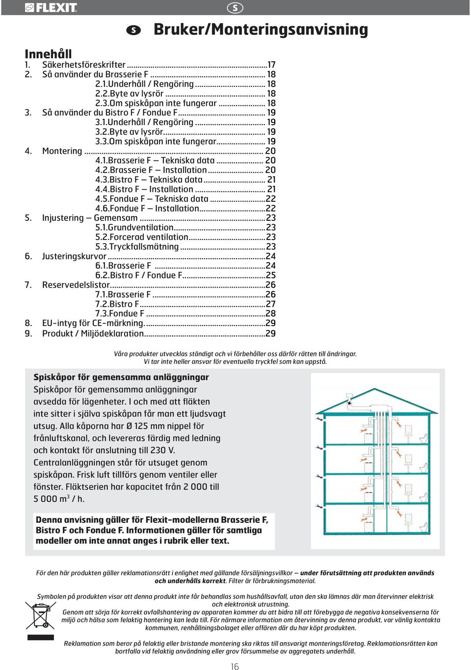 .. 20 4.3.Bistro F Tekniska data... 21 4.4.Bistro F Installation... 21 4.5.Fondue F Tekniska data...22 4.6.Fondue F Installation...22 5. Injustering Gemensam...23 5.1.Grundventilation...23 5.2.Forcerad ventilation.