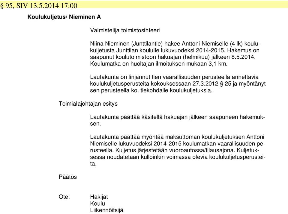 Lautakunta on linjannut tien vaarallisuuden perusteella annettavia koulukuljetusperusteita kokouksessaan 27.3.2012 25 ja myöntänyt sen perusteella ko. tiekohdalle koulukuljetuksia.