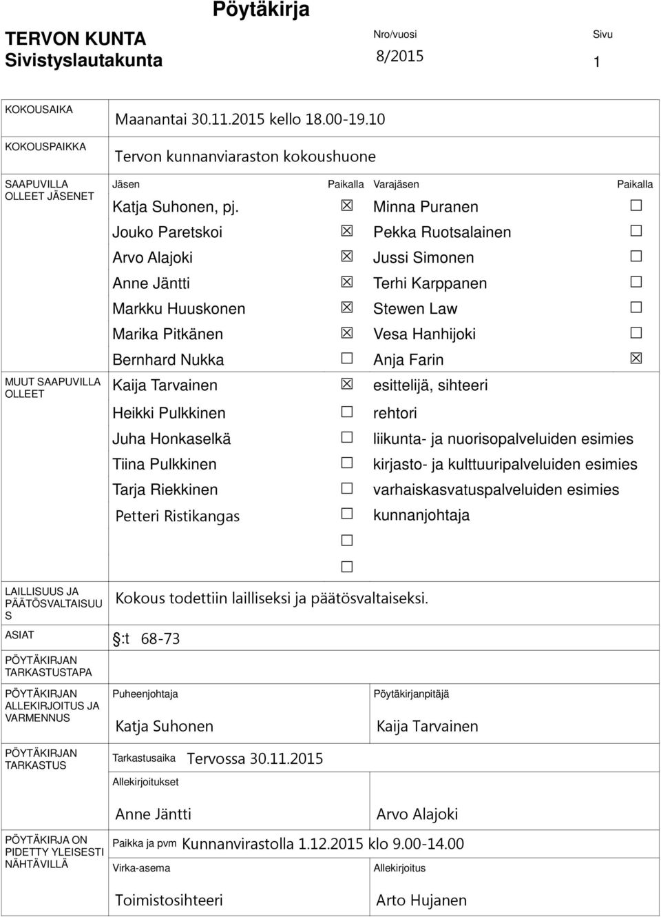 Minna Puranen Jouko Paretskoi Pekka Ruotsalainen Arvo Alajoki Jussi Simonen Anne Jäntti Terhi Karppanen Markku Huuskonen Stewen Law Marika Pitkänen Vesa Hanhijoki Bernhard Nukka Anja Farin Kaija