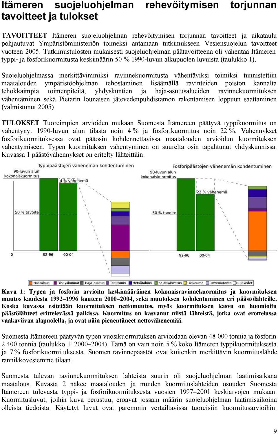 Tutkimustulosten mukaisesti suojeluohjelman päätavoitteena oli vähentää Itämeren typpi- ja fosforikuormitusta keskimäärin 50 % 1990-luvun alkupuolen luvuista (taulukko 1).