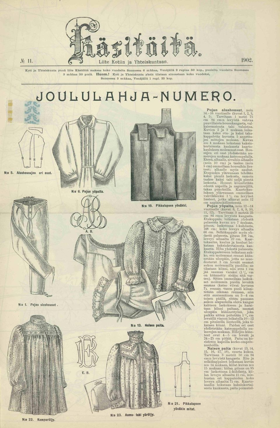 l Koti ja Yhteiskunta yksin tilataan ainoastaan koko vuodeksi, Suomessa 3 m:kkaa, Venäjällä 1rupi. 25 kop. JOULULAHJA-NUMERO Pojan alushousut, noin 14 16 vuotiaalle (kuvat 1,2, 3, 4, 5).