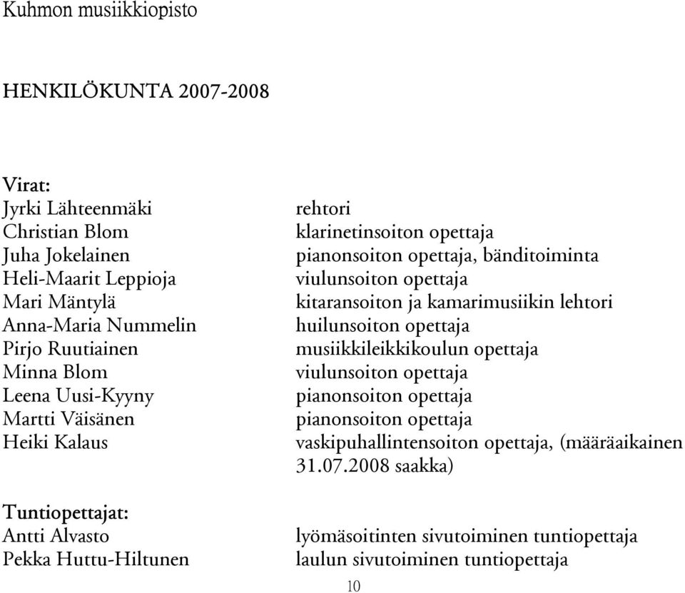 opettaja, bänditoiminta viulunsoiton opettaja kitaransoiton ja kamarimusiikin lehtori huilunsoiton opettaja musiikkileikkikoulun opettaja viulunsoiton opettaja