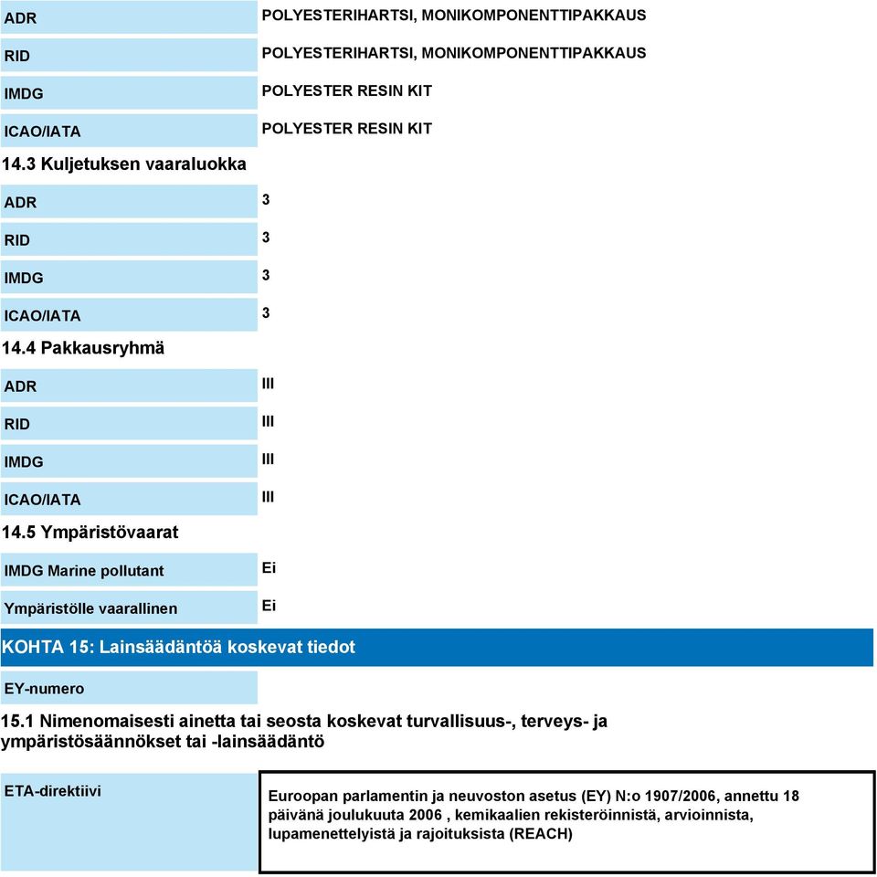 5 Ympäristövaarat IMDG Marine pollutant Ympäristölle vaarallinen Ei Ei KOHTA 15: Lainsäädäntöä koskevat tiedot EY-numero 15.