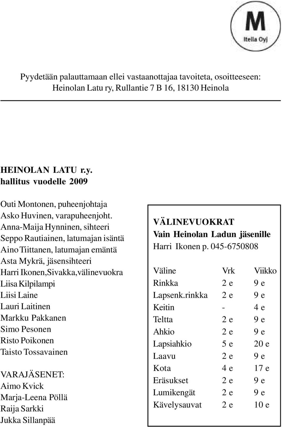 Laitinen Markku Pakkanen Simo Pesonen Risto Poikonen Taisto Tossavainen VARAJÄSENET: Aimo Kvick Marja-Leena Pöllä Raija Sarkki Jukka Sillanpää VÄLINEVUOKRAT Vain Heinolan Ladun jäsenille Harri Ikonen