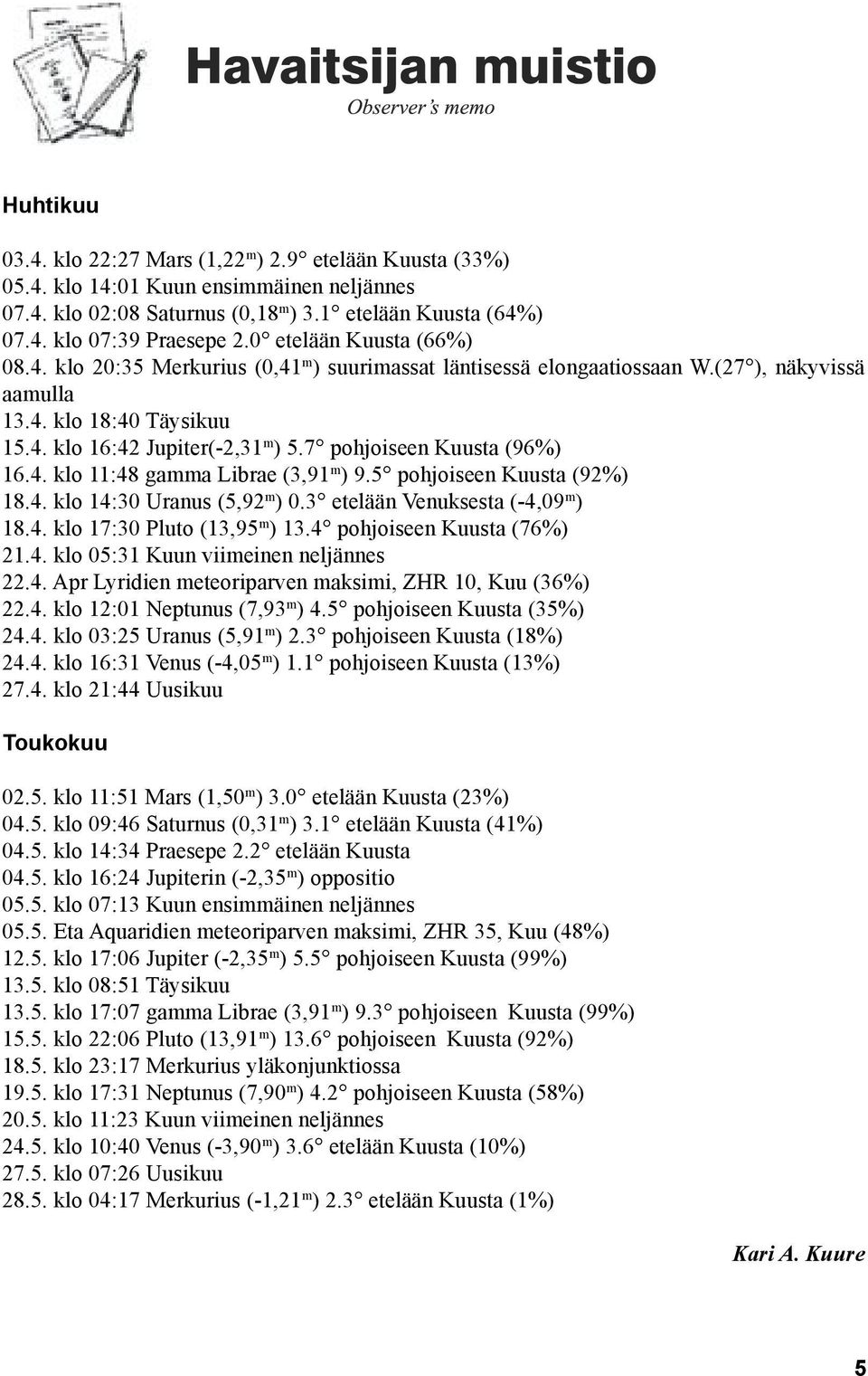 7 pohjoiseen Kuusta (96%) 16.4. klo 11:48 gamma Librae (3,91 m ) 9.5 pohjoiseen Kuusta (92%) 18.4. klo 14:30 Uranus (5,92 m ) 0.3 etelään Venuksesta (-4,09 m ) 18.4. klo 17:30 Pluto (13,95 m ) 13.