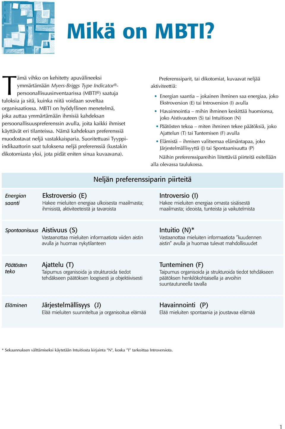 MBTI on hyödyllinen menetelmä, joka auttaa ymmärtämään ihmisiä kahdeksan persoonallisuuspreferenssin avulla, joita kaikki ihmiset käyttävät eri tilanteissa.
