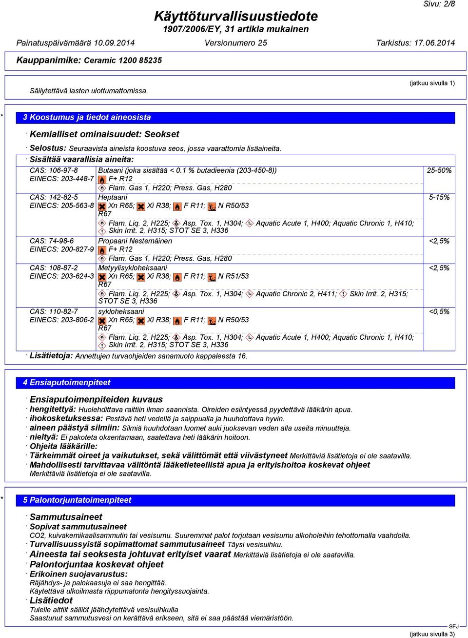 Sisältää vaarallisia aineita: CAS: 106-97-8 EINECS: 203-448-7 CAS: 142-82-5 EINECS: 205-563-8 CAS: 74-98-6 EINECS: 200-827-9 CAS: 108-87-2 EINECS: 203-624-3 CAS: 110-82-7 EINECS: 203-806-2 Butaani