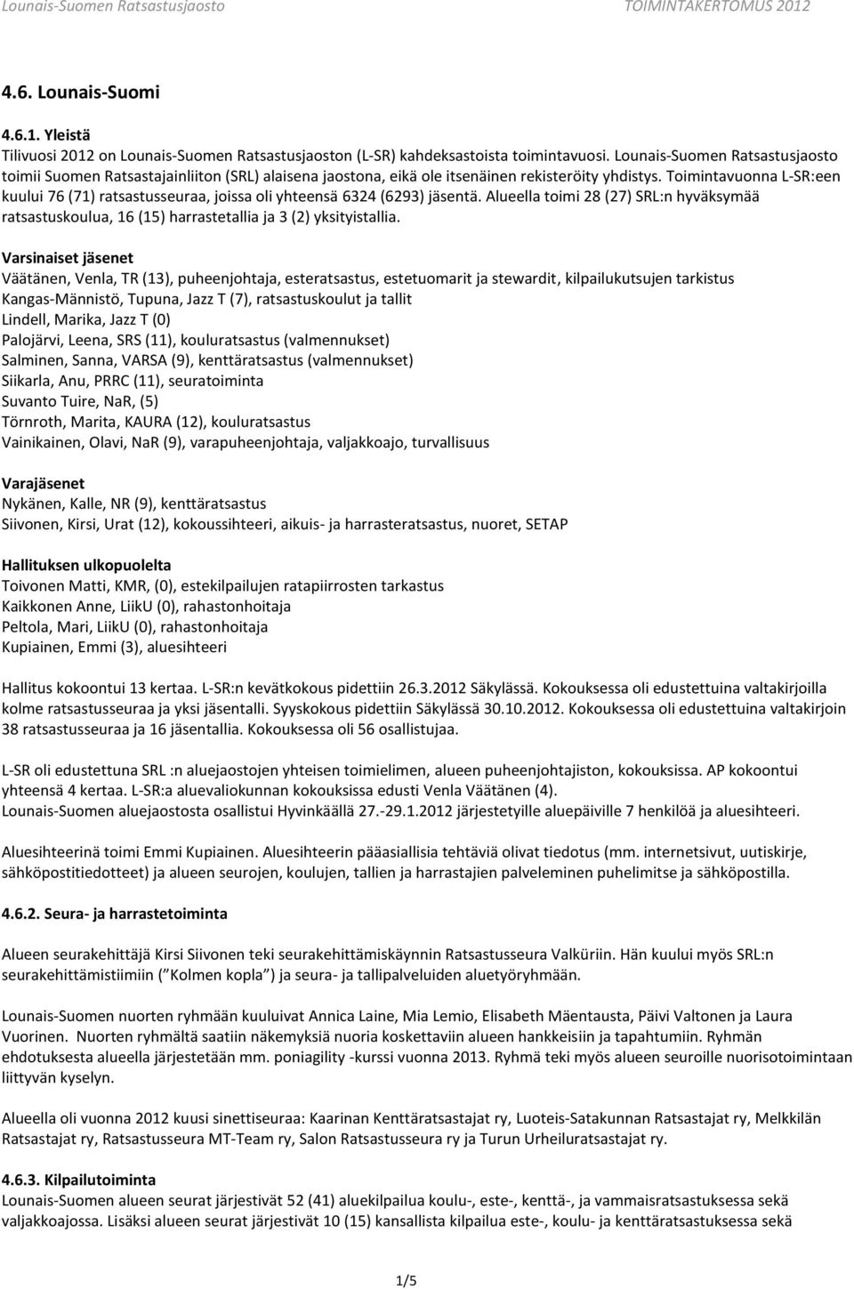 Toimintavuonna L-SR:een kuului 76 (71) ratsastusseuraa, joissa oli yhteensä 6324 (6293) jäsentä.