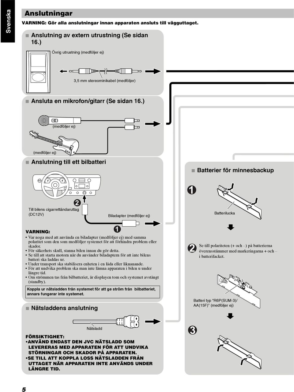 ) (medföljer ej) (medföljer ej) Anslutning till ett bilbatteri Batterier för minnesbackup Till bilens cigarrettändaruttag (DC12V) Biladapter (medföljer ej) Batterilucka VARNING: Var noga med att