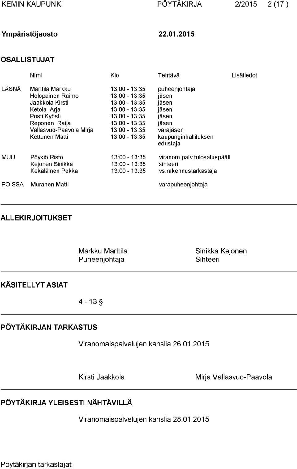 2015 OSALLISTUJAT Nimi Klo Tehtävä Lisätiedot LÄSNÄ Marttila Markku 13:00-13:35 puheenjohtaja Holopainen Raimo 13:00-13:35 jäsen Jaakkola Kirsti 13:00-13:35 jäsen Ketola Arja 13:00-13:35 jäsen Posti