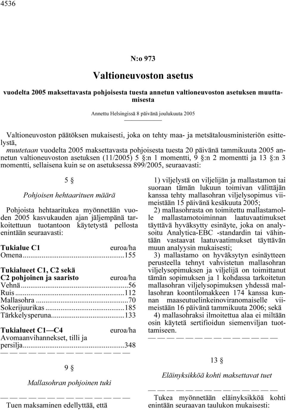 (11/2005) 5 :n 1 momentti, 9 :n 2 momentti ja 13 :n 3 momentti, sellaisena kuin se on asetuksessa 899/2005, seuraavasti: 5 Pohjoisen hehtaarituen määrä Pohjoista hehtaaritukea myönnetään vuoden 2005