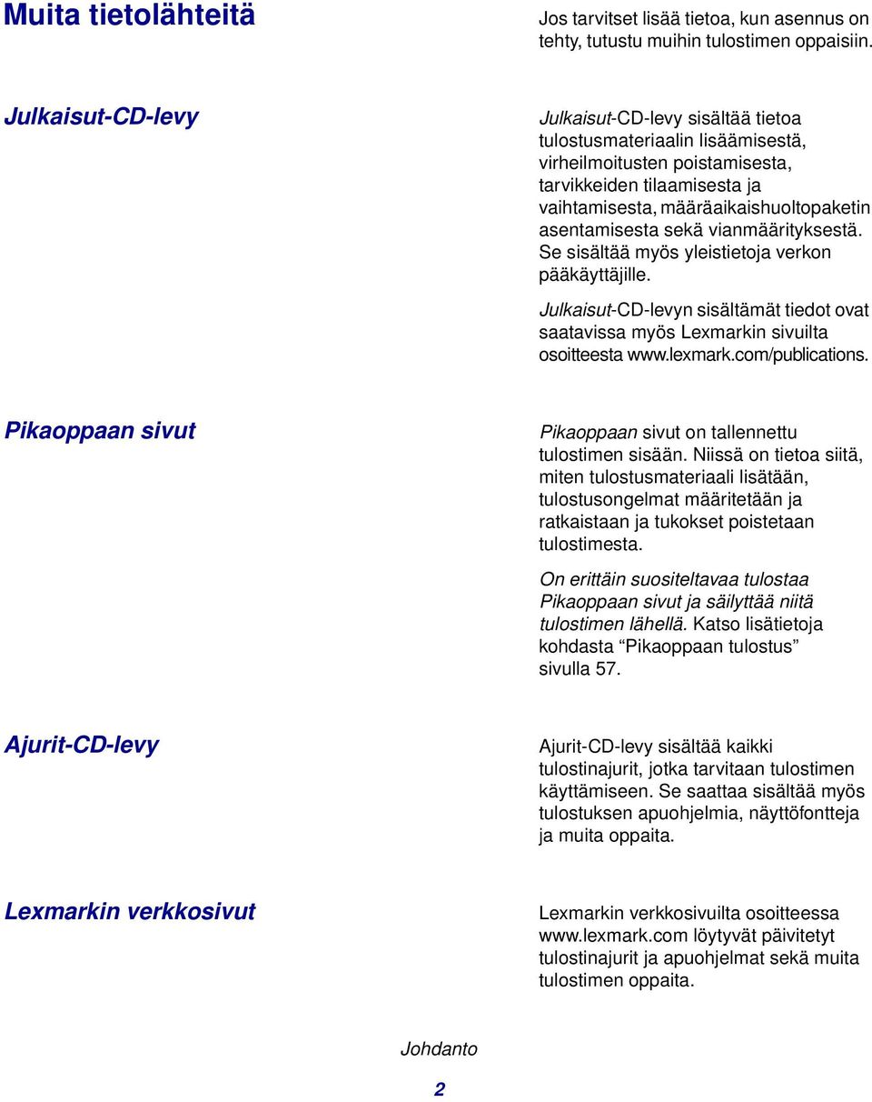 asentamisesta sekä vianmäärityksestä. Se sisältää myös yleistietoja verkon pääkäyttäjille. Julkaisut-CD-levyn sisältämät tiedot ovat saatavissa myös Lexmarkin sivuilta osoitteesta www.lexmark.