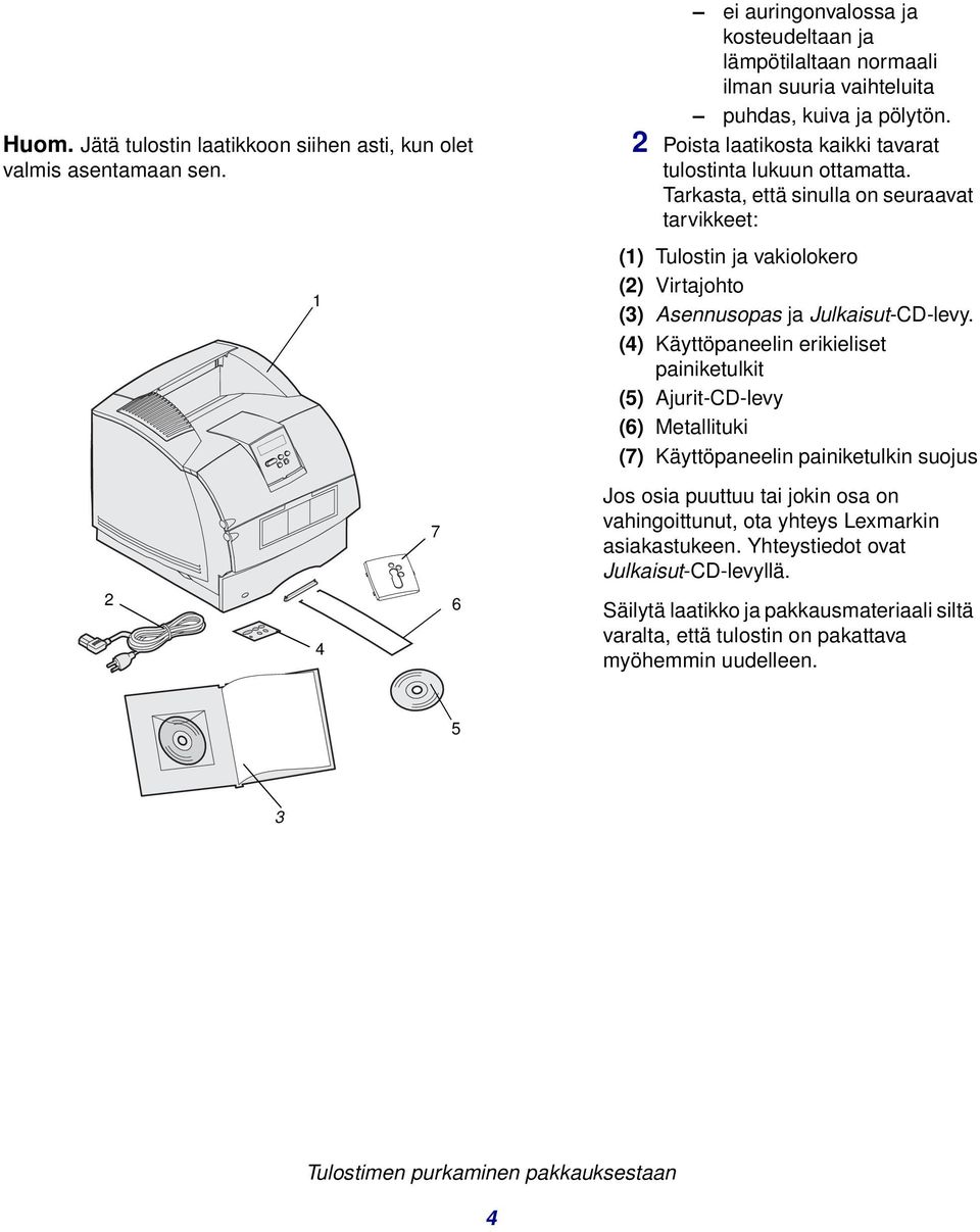 Tarkasta, että sinulla on seuraavat tarvikkeet: (1) Tulostin ja vakiolokero (2) Virtajohto (3) Asennusopas ja Julkaisut-CD-levy.