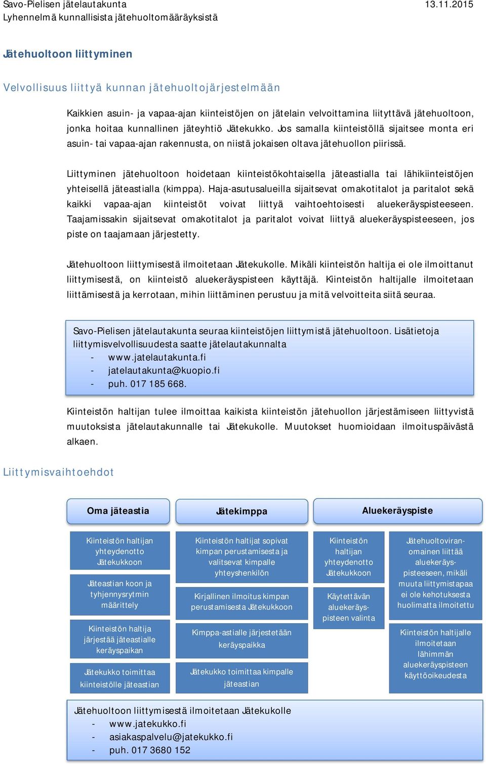 Liittyminen jätehuoltoon hoidetaan kiinteistökohtaisella jäteastialla tai lähikiinteistöjen yhteisellä jäteastialla (kimppa).