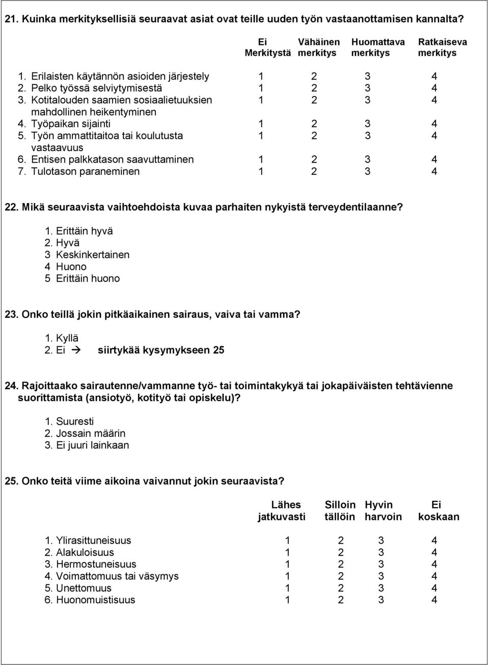 Työn ammattitaitoa tai koulutusta 1 2 3 4 vastaavuus 6. Entisen palkkatason saavuttaminen 1 2 3 4 7. Tulotason paraneminen 1 2 3 4 22.