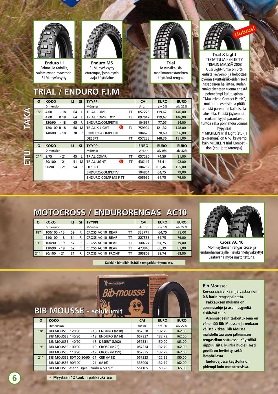 III 104637 77,05 94,00 120/100 R 18 68 M TRIAL X LIGHT 759994 121,32 148,00 140/80-18 70 R ENDRO/COMPET.III 104620 78,69 96,00 DESERT TT 057288 148,36 181,00 Ø KOKO LI SI TYYPPI ENRO ERO ERO 21 2.