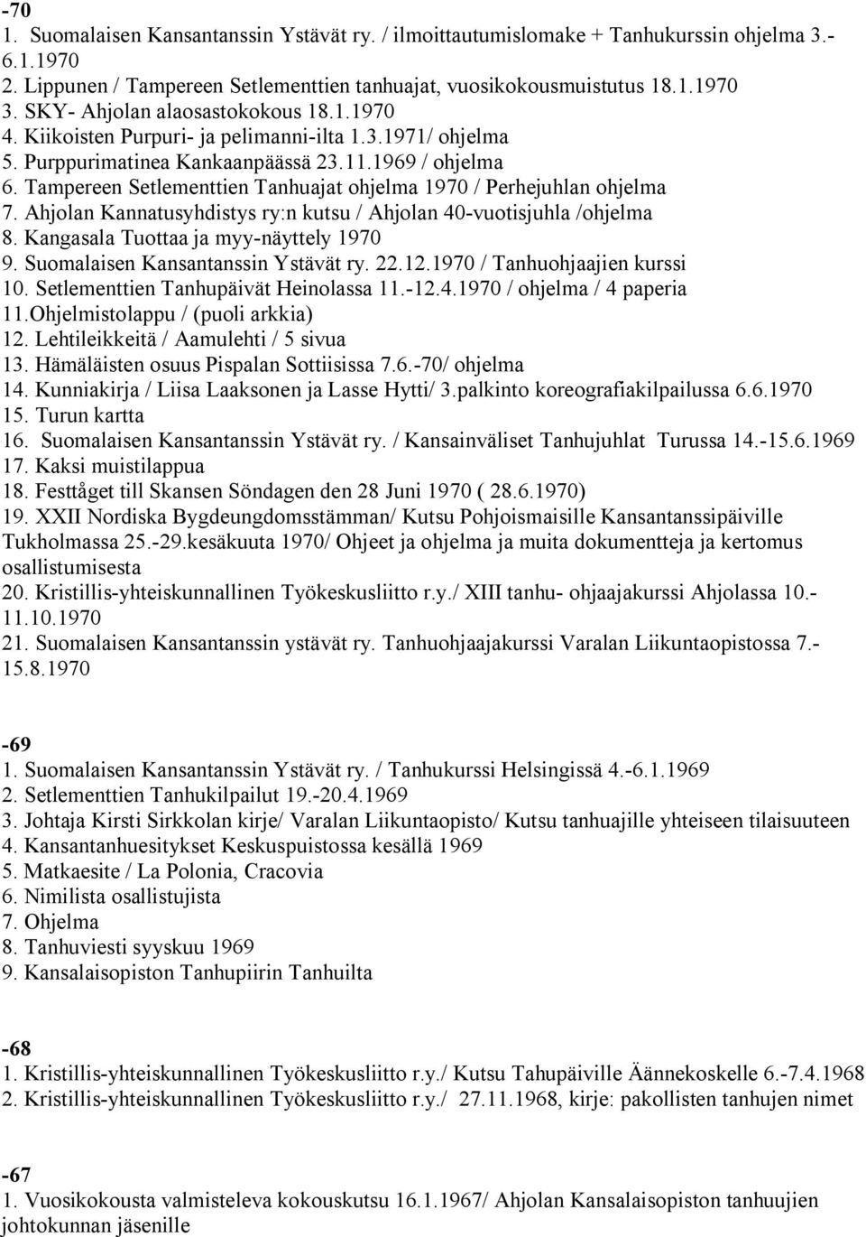 Tampereen Setlementtien Tanhuajat ohjelma 1970 / Perhejuhlan ohjelma 7. Ahjolan Kannatusyhdistys ry:n kutsu / Ahjolan 40 vuotisjuhla /ohjelma 8. Kangasala Tuottaa ja myy näyttely 1970 9.