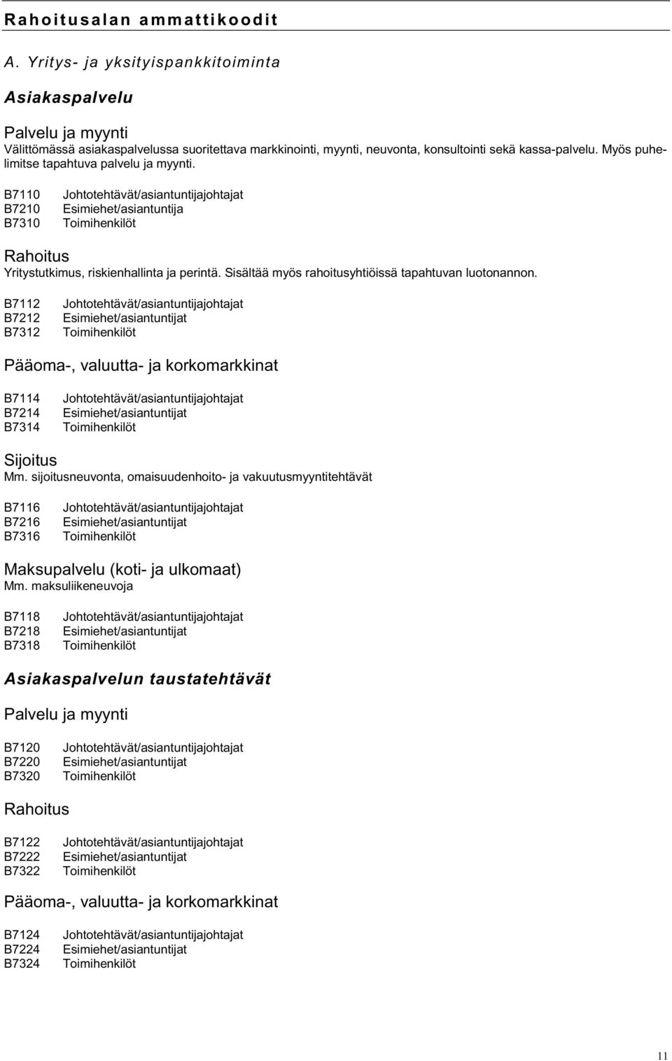 Myös puhelimitse tapahtuva palvelu ja myynti. B7110 B7210 B7310 Esimiehet/asiantuntija Rahoitus Yritystutkimus, riskienhallinta ja perintä. Sisältää myös rahoitusyhtiöissä tapahtuvan luotonannon.