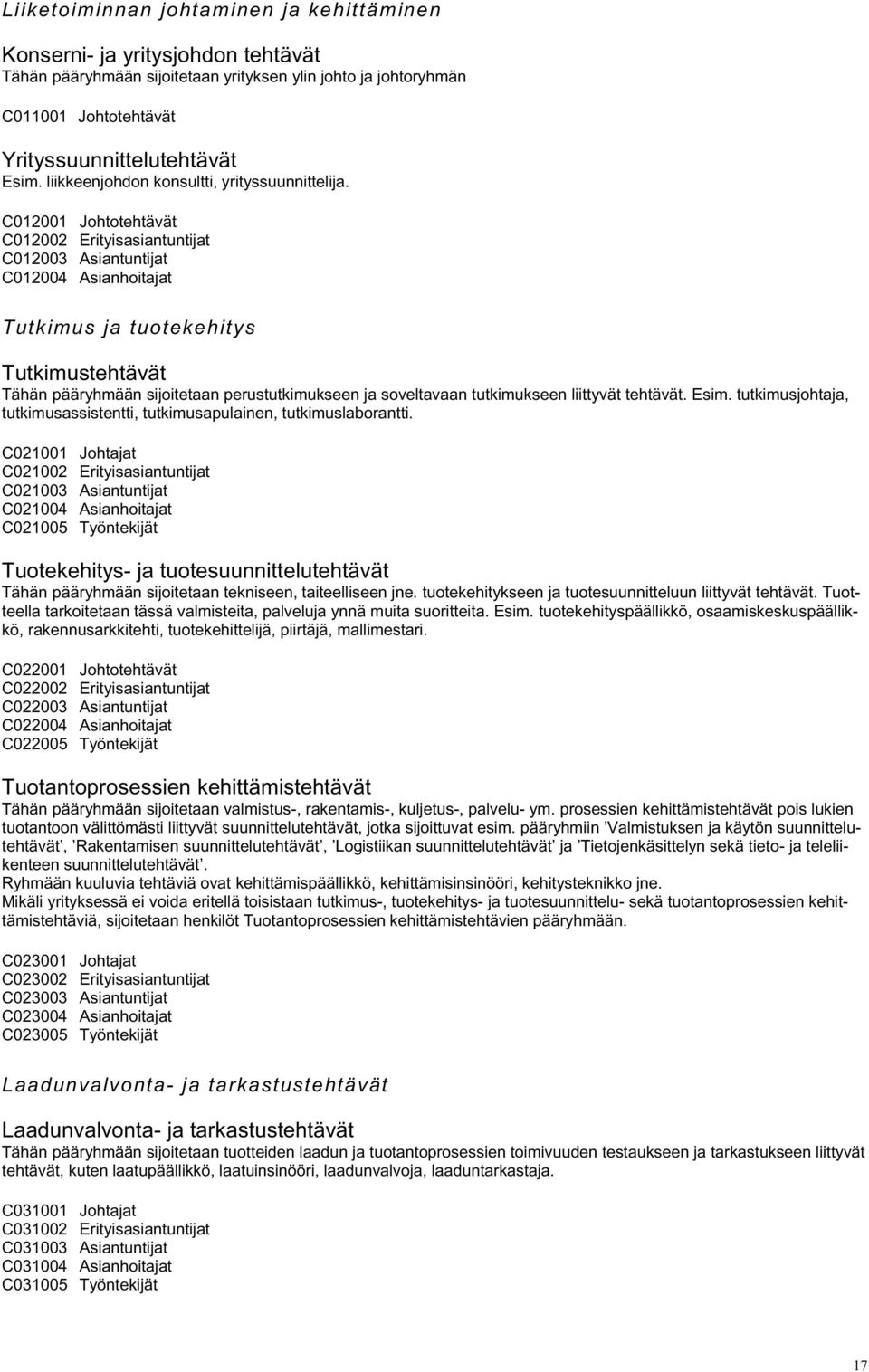 C012001 C012002 Erityisasiantuntijat C012003 Asiantuntijat C012004 Asianhoitajat Tutkimus ja tuotekehitys Tutkimustehtävät Tähän pääryhmään sijoitetaan perustutkimukseen ja soveltavaan tutkimukseen