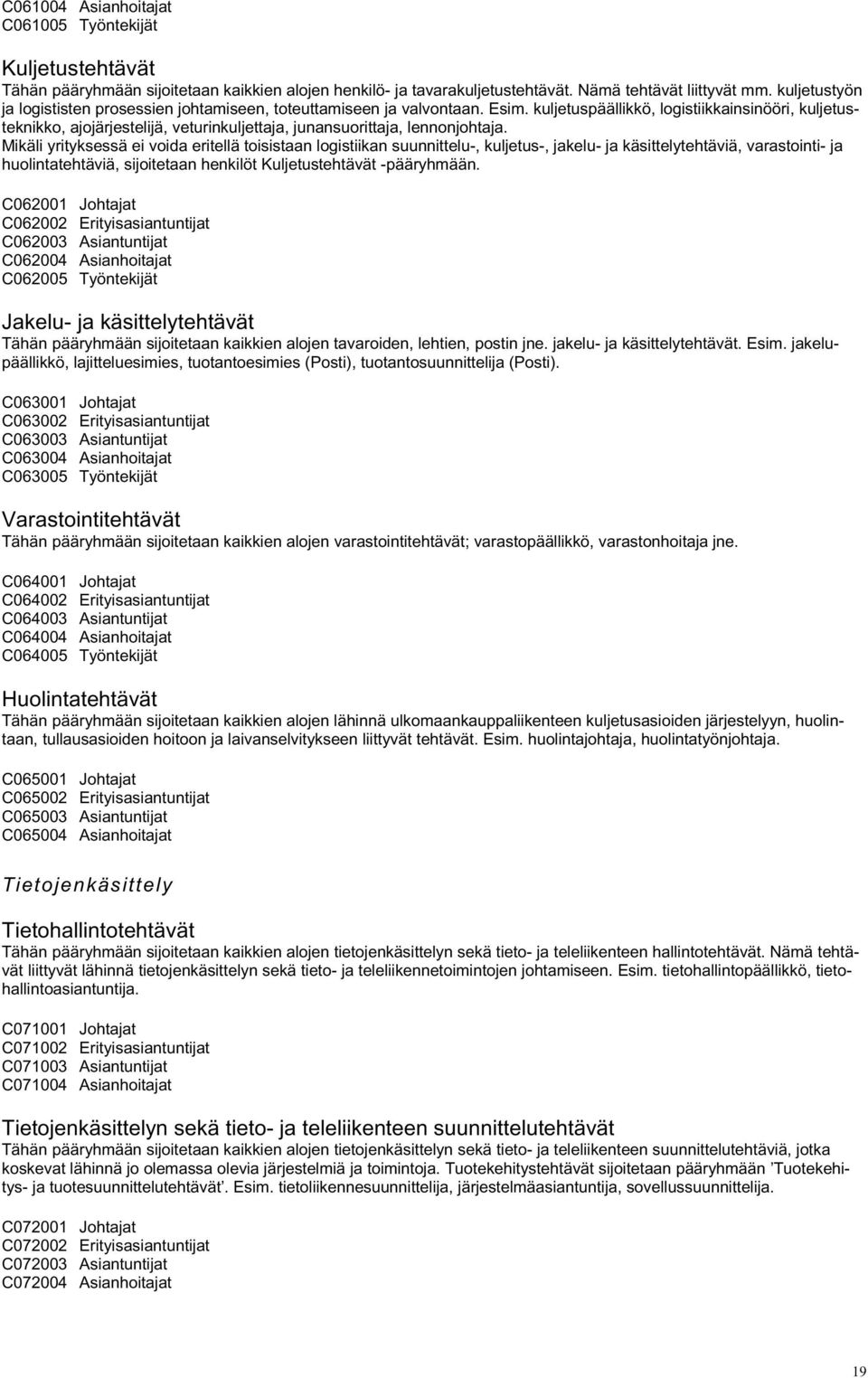 kuljetuspäällikkö, logistiikkainsinööri, kuljetusteknikko, ajojärjestelijä, veturinkuljettaja, junansuorittaja, lennonjohtaja.