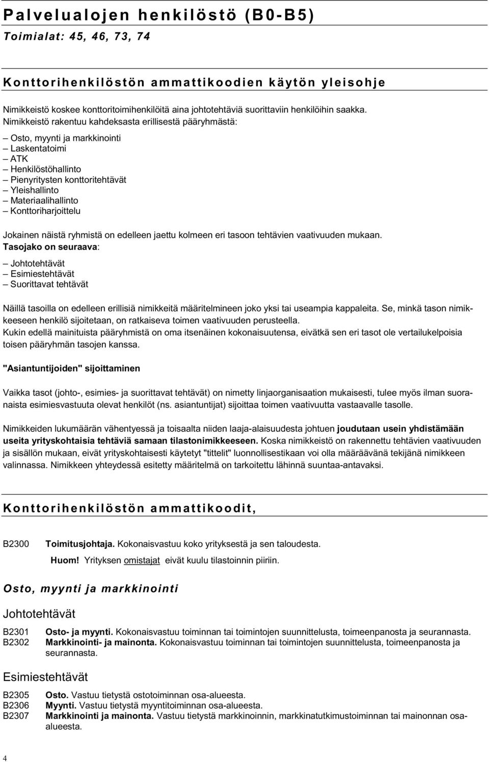 Nimikkeistö rakentuu kahdeksasta erillisestä pääryhmästä: Osto, myynti ja markkinointi Laskentatoimi ATK Henkilöstöhallinto Pienyritysten konttoritehtävät Yleishallinto Materiaalihallinto