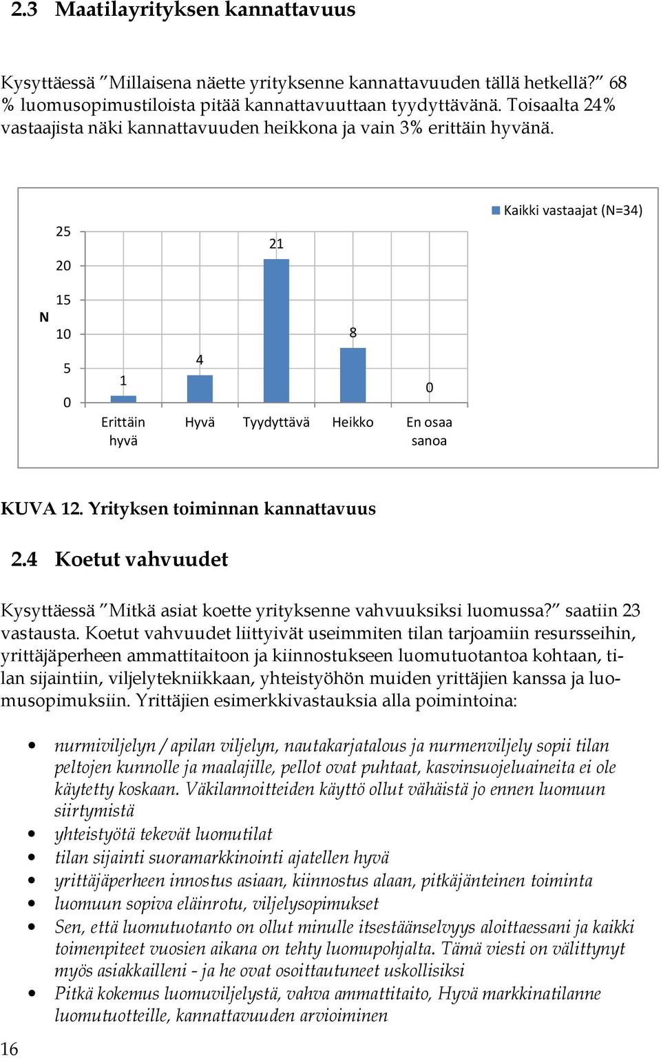Yrityksen toiminnan kannattavuus 1. Koetut vahvuudet Kysyttäessä Mitkä asiat koette yrityksenne vahvuuksiksi luomussa? saatiin 3 vastausta.