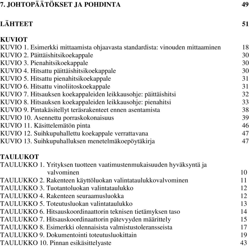 Hitsauksen koekappaleiden leikkausohje: päittäishitsi 32 KUVIO 8. Hitsauksen koekappaleiden leikkausohje: pienahitsi 33 KUVIO 9. Pintakäsitellyt teräsrakenteet ennen asentamista 38 KUVIO 10.