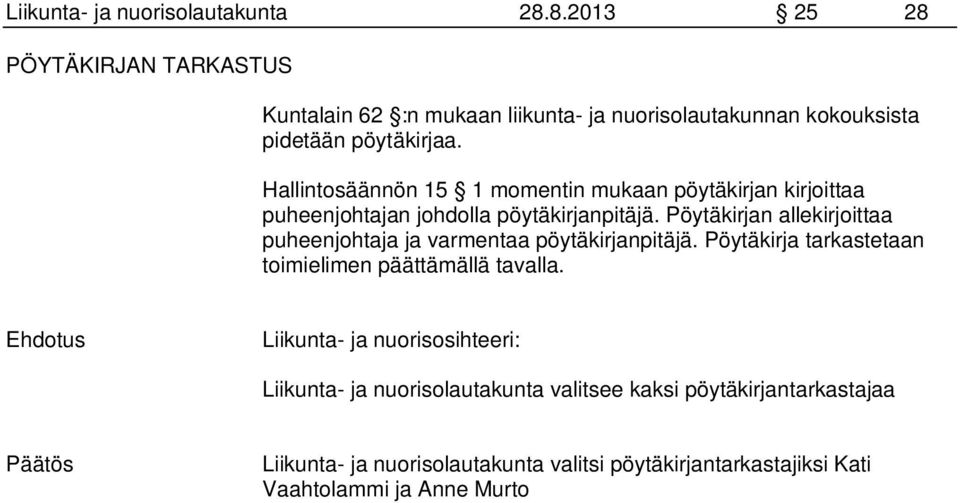 Hallintosäännön 15 1 momentin mukaan pöytäkirjan kirjoittaa puheenjohtajan johdolla pöytäkirjanpitäjä.