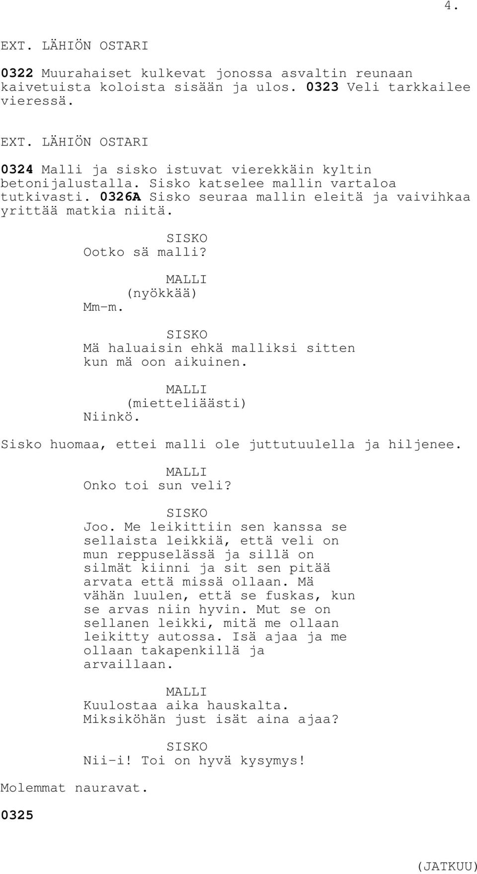 Mä haluaisin ehkä malliksi sitten kun mä oon aikuinen. MALLI (mietteliäästi) Niinkö. Sisko huomaa, ettei malli ole juttutuulella ja hiljenee. Molemmat nauravat. 0325 MALLI Onko toi sun veli? Joo.