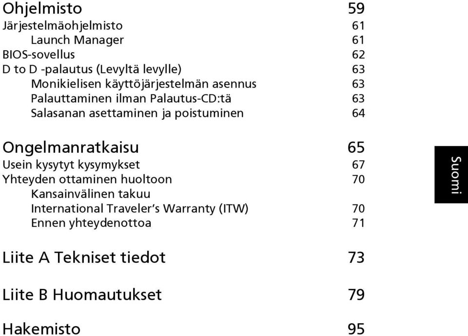 64 English Ongelmanratkaisu 65 Usein kysytyt kysymykset 67 Yhteyden ottaminen huoltoon 70 Kansainvälinen takuu